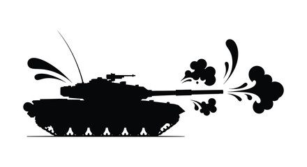 A striking black silhouette of a tank firing exhibiting dynamic action and military power silhouette © nhpvect02