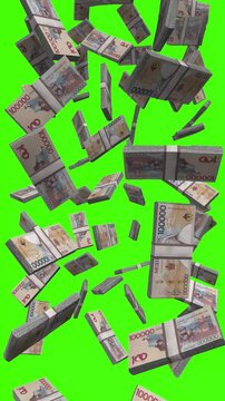 Vertical Mongolian Tugrik bills falling on chromakey, MNT finance animation