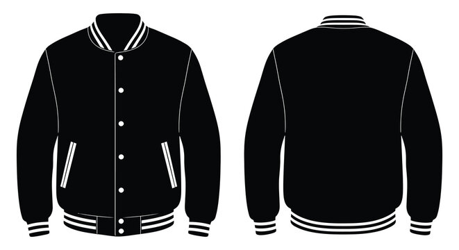 Detailed illustration of a classic black varsity jacket presented from both front and back views silhouette