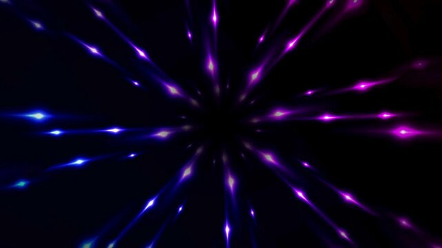 Glowing blue and purple neon light streaks exploding from center on dark background futuristic speed tunnel abstract motion for gaming sci fi wallpaper and technology event backdrop