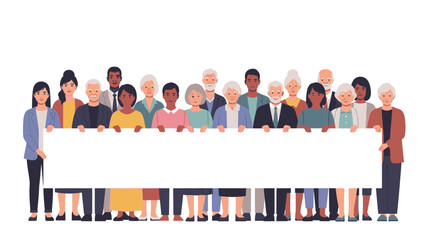Illustration of a diverse group of people standing together, holding a large blank white board in a colorful and lively vector graphic with a happy and celebratory mood.