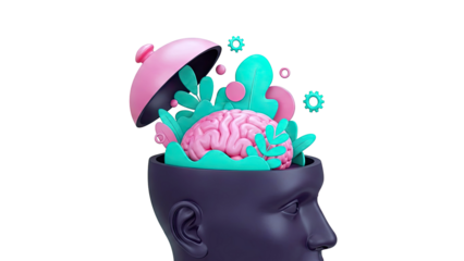 3D Illustration of a brain with plants and gears inside a head