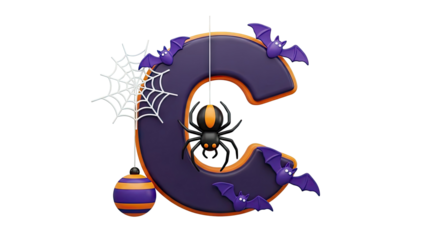 Halloween Letter C with Spider, Bats, and Cobweb