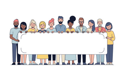 Diverse group of people standing together holding a large blank sign in a colorful illustration with a happy and celebratory mood.