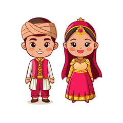 Set of Cute couple in traditional indian dress cartoon characters bride and groom.Wedding invitations card.
