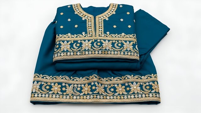 Elegant Teal Embroidered Traditional Indian Salwar Kameez Set with Intricate Gold Patterns - Festive Wear