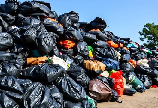 Pile of overflowing black garbage bags outdoors, waste removal, household waste