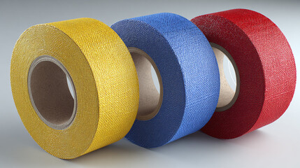 Three rolls of vibrant colored tape are neatly arranged, each boasting a distinct hue