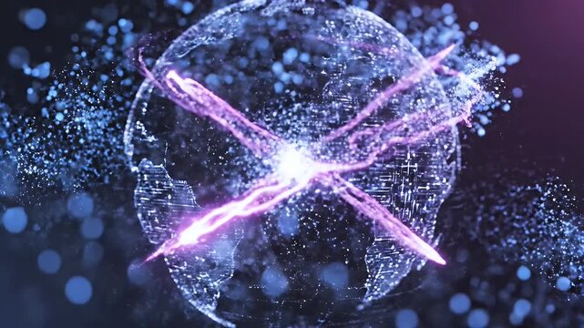Digital Earth Circuit Board - This video shows a digital representation of Earth with a circuit board pattern. A bright light shines from the center, and the edges are dissolving into particles.