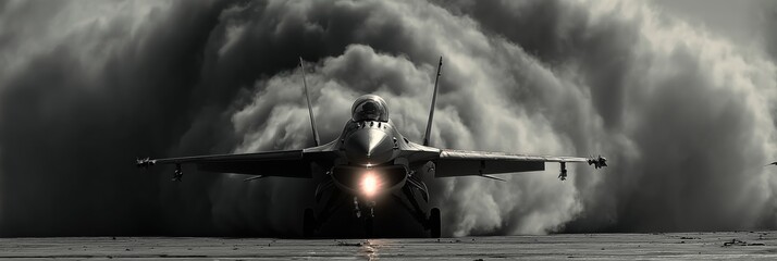 Fighter Jet Launching into Clouds of Smoke in Dramatic Black and White Contrast