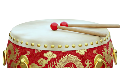 Chinese Drum with Dragon Motif and Drumsticks
