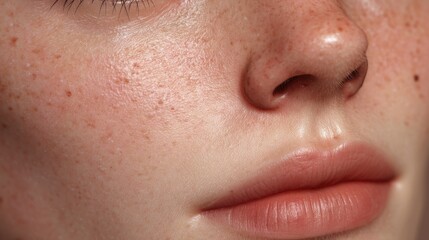 Fototapeta premium Close-up of a Female Face with Freckles and Natural Skin Texture