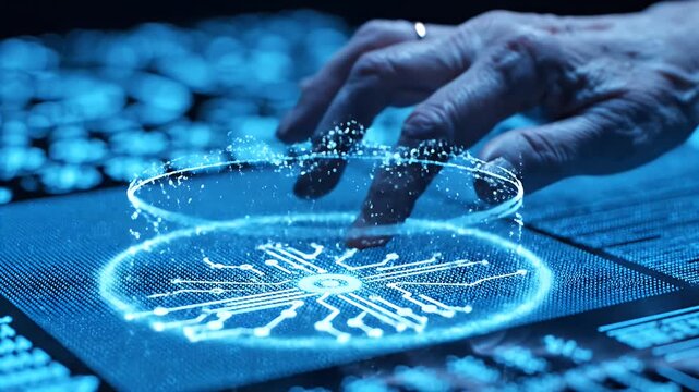 Elderly hand using advanced technology - An elderly hand with a wedding ring touches a glowing blue interactive screen, navigating a high-tech interface.