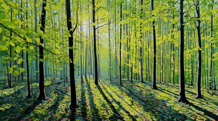 Lush Green Forest with Sunlight Filtering through Trees and Foliage