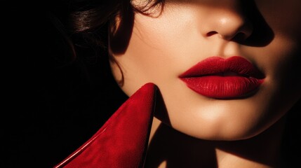 Sensual Close-Up of Woman's Lips with Elegant Red Shoe Shadow