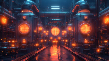 Create an open beam depiction of a boiler room