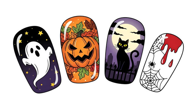 Creative Halloween-themed nail art with decorative designs