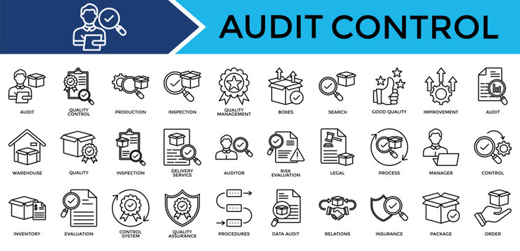 Audit Control icon set collection. Containing legal, operation, program, review, transfer, inspection, improvement .Line vector icons collection