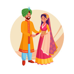 Vibrant Indian wedding couple vector illustration, capturing traditional attire and the joyous union. A beautifully crafted graphic symbolizing love and cultural celebration
