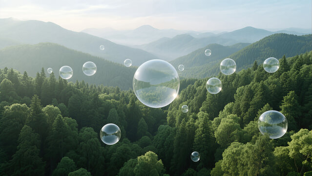 transparent bubbles floating above dense pine forest mountain valley sunrise landscape serenity