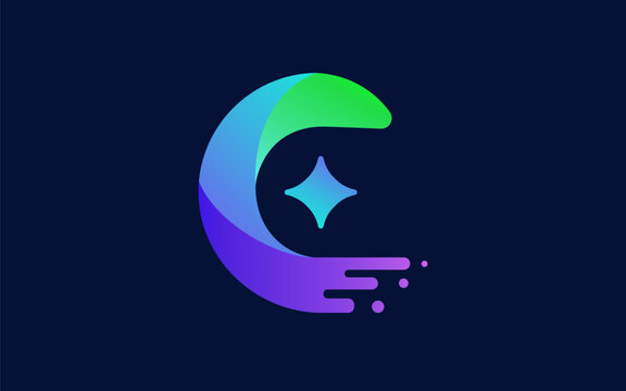 C letter shaped as a star and crescent fusion with a futuristic, technological style. Modern geometry rounded shape create a symbol of innovation, vision, and forward momentum.