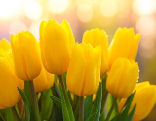 Close-up of bright yellow tulips, capturing their texture and water droplets, with a sunlit, blurred backdrop