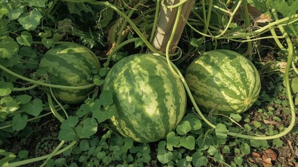 Three ripe watermelons in a garden