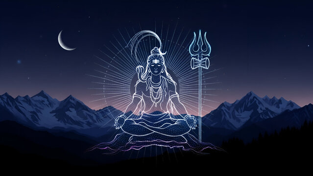 Maha Shivratri shiva meditation in himalayas night sky with glowing trishul divine energy worship spirituality devotion hindu prayer temple festival culture religion illustration