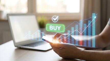 Person analyzing stock market data on smartphone with laptop nearby, symbolizing modern business and financial technology