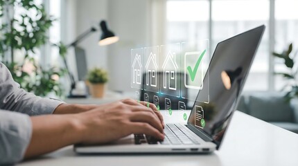 Person using laptop with augmented reality home selection interface