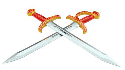 Two crossed ornate swords with red and gold handles