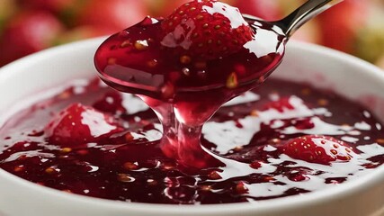 Delicious homemade cranberry sauce or berry jam rich red and vibrant served in a white bowl with a spoon scooping up the sweet and tangy preserve perfect for holiday meals or a delightful breakfast s.
