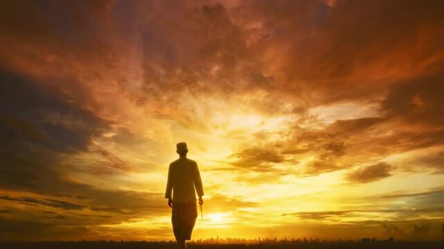 A cinematic video of a Muslim man in silhouette walking toward a bright golden sunset or sunrise. Inspiring concept of faith, hope, and new beginnings for Ramadan and Eid al-Fitr