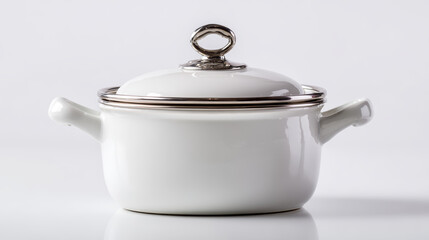 Casserole dish white ceramic silver trim kitchen cookware cooking pot lid handle minimal style home kitchen clean design domestic utensil