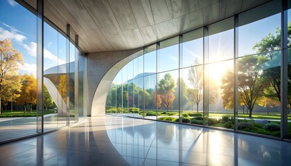 Modern interior, large glass windows frame sunny outdoor park view