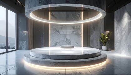 Modern interior with a marble platform and ring-shaped ceiling light