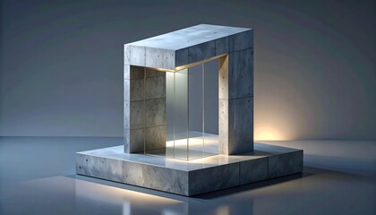 Modern concrete structure with glass panels on a reflective surface
