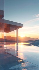 Modern glass home overlooks a lake and mountains as the sun sets