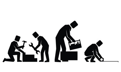 Abstract construction team silhouette set &ndash; square head workers with hammer, wrench, toolbox and tape