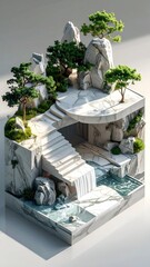 Miniature zen garden with marble structures, waterfalls, and bonsai trees