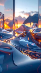 Abstract, fluid glass reflecting sunset over mountainscape