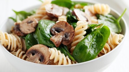Healthy pasta bowl with spinach and mushrooms in white bowl,  close up. Nutritious vegetarian meal, home cooking, delicious dinner, simple food presentation, wellness lifestyle.