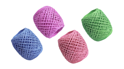 four colorful spools of twine, including pink, purple, blue, and light pink, neatly arranged on a transparent background, perfect for crafting and diy projects.
