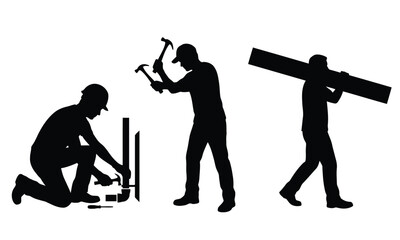 Furniture assembly and maintenance workers silhouette set &ndash; carpenters with hammer, wrench, gear and supervisor