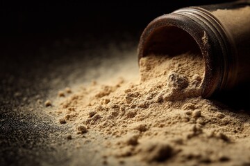 Match powder close-up on raw textured background. Fire starter, camping, survival tool, natural material, close-up detail, simple composition, rustic element.