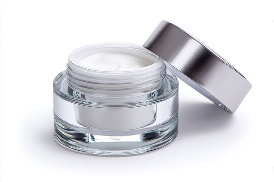Skincare cosmetic cream moisturizer glass jar container luxury skincare cream container open glass jar with silver lid isolated on white background