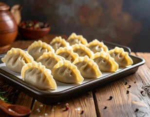 Steamed dumplings arranged on a tray, rustic table with spice bowl