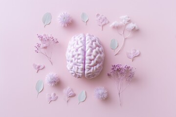 Pastel pink brain surrounded by minimalist white and mint flowers. Mental health, neuroscience, botanical art, gentle design, wellness concept, creative anatomy.