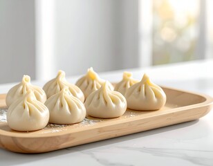 Steamed dumplings on a wooden tray, natural light, marble backdrop