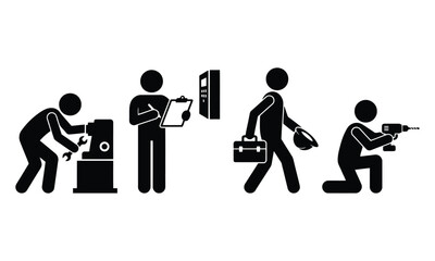 Industrial maintenance workers silhouette set &ndash; technicians operating machine, inspecting panel and drilling